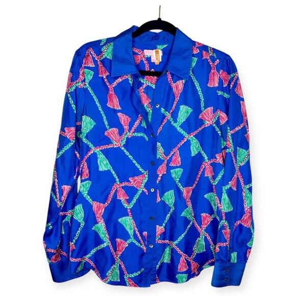 Lilly Pulitzer Blue & Pink Tassels Print Button Down Silk Shirt Women's size 12 - Picture 1 of 5